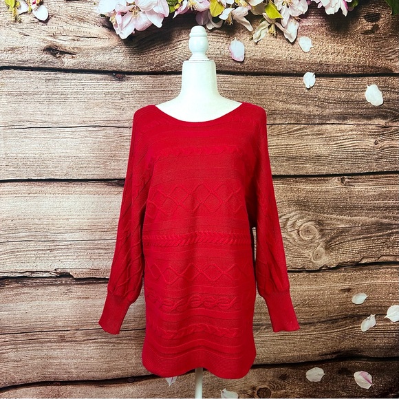 SOLD 🛍️ Liz Claiborne Women’s Cotton Solid Red Abstract Rib-Knit Sweater Tunic - Picture 1 of 8